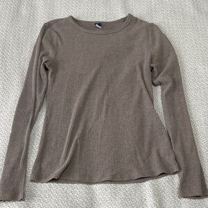 Old Navy Taupe Ribbed Long-Sleeve Crewneck Top